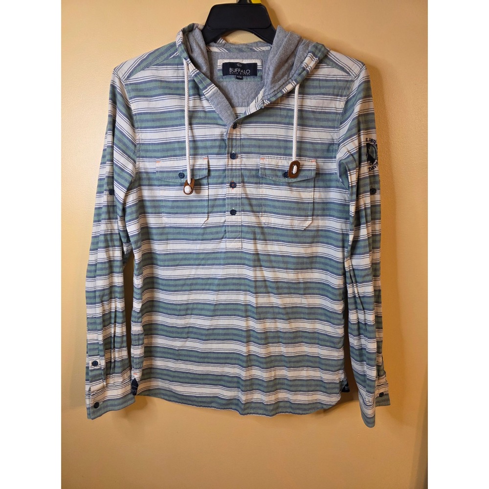Buffalo David Bitton Mens Hooded Striped Long Sleeve Shirt Green Blue Medium